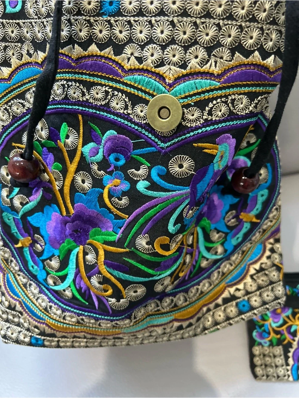 Embroidered Floral Mini Backpack - Black with Teal & Purple